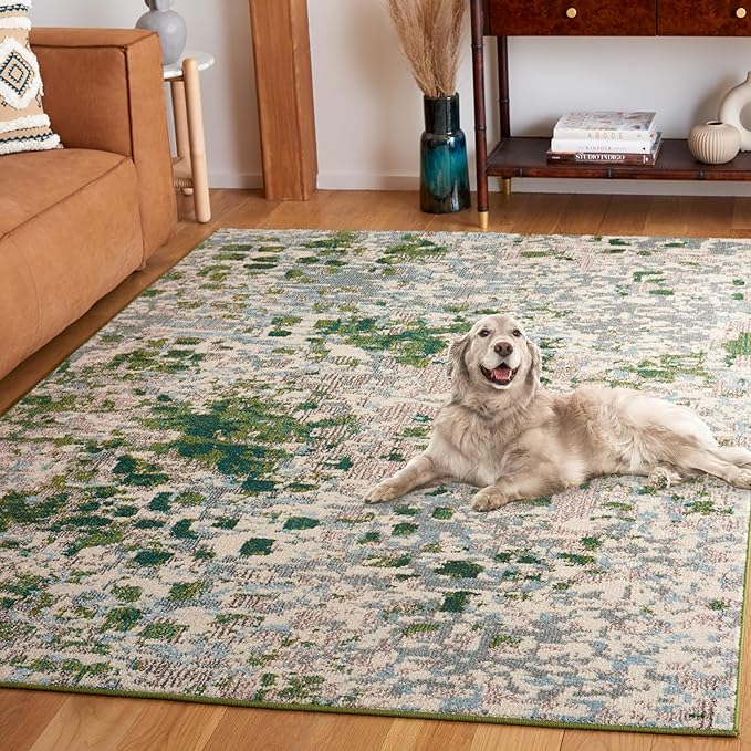 SAFAVIEH Monaco Collection Area Rug - 5'1" x 7'6", Green & Blue, Abstract Watercolor Design, Non-Shedding & Easy Care, Ideal for High Traffic Areas in Living Room, Bedroom, Dining (MNC225Y-5)