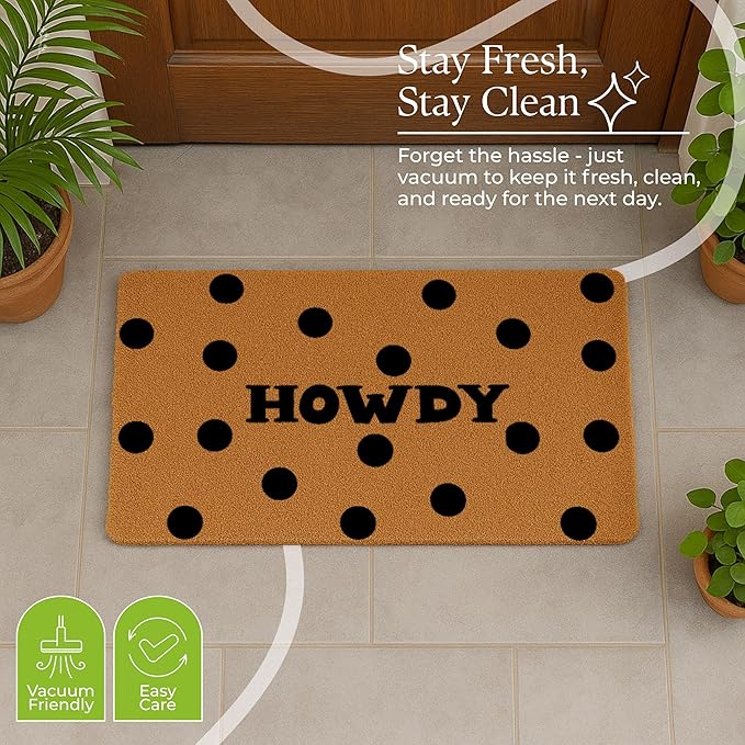 Coir Door Mats 17" X 30", Non-Slip Sturdy, PVC Backed Heavy Duty, Easy to Clean, Ideal for Door Entrance, Patio, Porch, Backyard, Garages, Howdy Black Circles