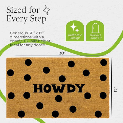 Coir Door Mats 17" X 30", Non-Slip Sturdy, PVC Backed Heavy Duty, Easy to Clean, Ideal for Door Entrance, Patio, Porch, Backyard, Garages, Howdy Black Circles