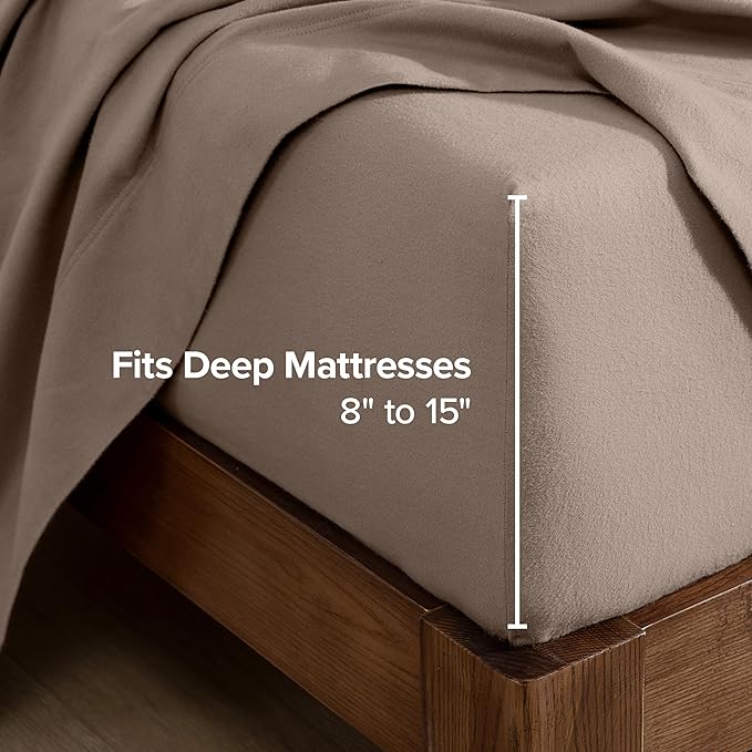 Bare Home Flannel Fitted Bottom Sheet 100% Cotton Twin Extra Long, Velvety Soft Heavyweight - Double Brushed Flannel - Deep Pocket (Twin XL, Taupe)