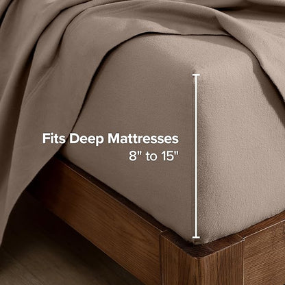 Bare Home Flannel Fitted Bottom Sheet 100% Cotton Twin Extra Long, Velvety Soft Heavyweight - Double Brushed Flannel - Deep Pocket (Twin XL, Taupe)