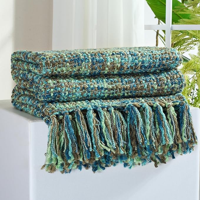 Multi-Color Green Cable Knitted Throw Blanket for Couch,60"X80" Boho Style Textured Blankets for Home Decor,Super Soft Warm Cozy Chunky Knit Blanket with Decorative Tassels for Bed and Sofa