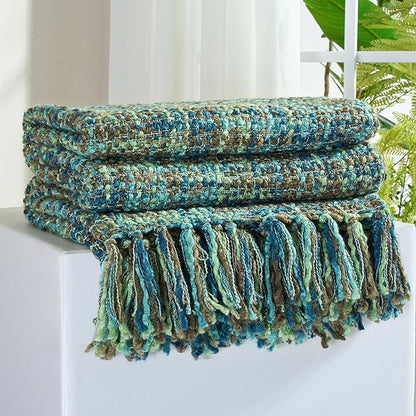 Multi-Color Green Cable Knitted Throw Blanket for Couch,50"X60" Boho Style Textured Blankets for Home Decor,Super Soft Warm Cozy Chunky Knit Blanket with Decorative Tassels for Bed and Sofa