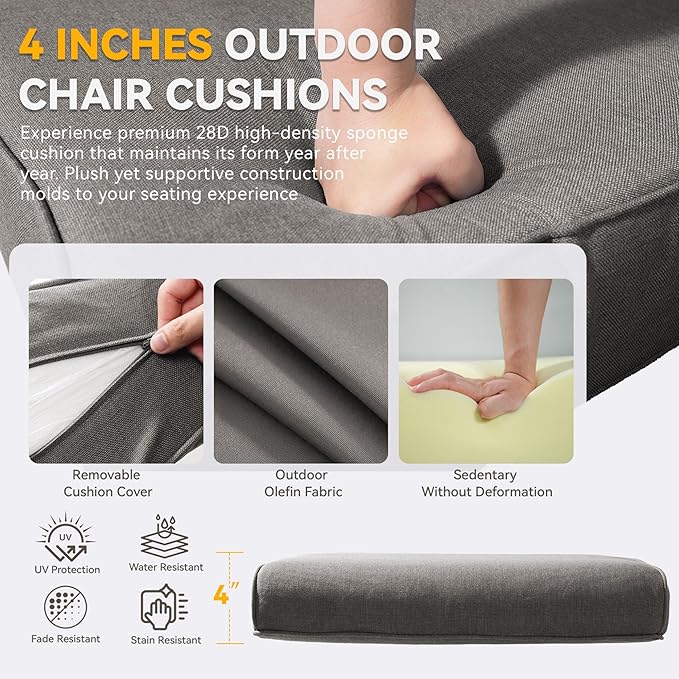 Outdoor Chair Cushions - 22" x 25" x 4" Patio Furniture Cushions with Water Resistant & Removable Cover, 28D High Density Sponge Patio Cushion for Outdoor Furniture Couch Rocker Chair, Grey