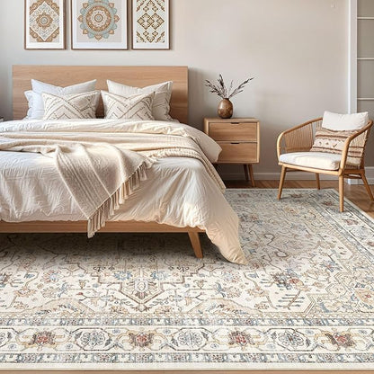 9x12 Area Rug Living Room: Washable Boho Large Neutral Vintage Soft Rugs Stain Resistant Farmhouse Non Slip Indoor Floor Carpet for Bedroom Nursery Kids Playroom Office Dining Room- Cream Blue