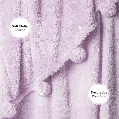 PAVILIA Lavender Sherpa Throw Blanket for Couch, Warm Plush Pom Pom Blanket Throw Twin, Fuzzy Sofa Blanket Throw for Bed, Lightweight Soft Cozy Fluffy Blanket with Pom Poms, Light Purple, 60x80