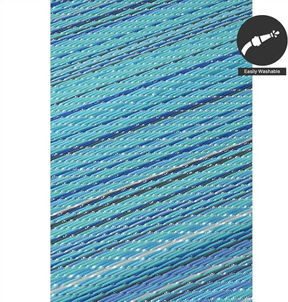 FH Home Outdoor Rug - Waterproof, Fade Resistant, Reversible - Premium Recycled Plastic - Striped - Large Patio, Deck, Sunroom, Camping, RV - Havana - Turquoise Crease Free - 6 x 9 ft