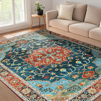 WILLSUN Washable Area Rugs, 5x7 Non-Slip Boho Large Area Rugs for Living Room, Bedroom, Machine Washable Vintage Rug, Indoor Floral Print Carpet for Home Decor, Kid & Pet Friendly Mat