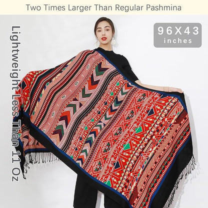 DANA XU 100% Merino Wool Pashmina Shawl for Women 96"x43", Oversized Cashmere Wrap with Tassels, Floral Travel Blanket Cape