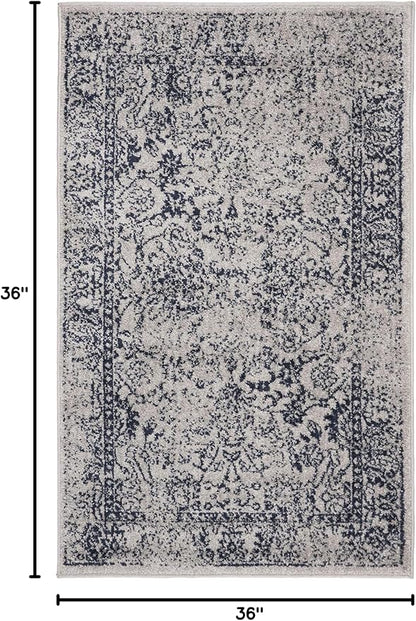 SAFAVIEH Adirondack Collection Area Rug - 3' Square, Grey & Navy, Distressed Vintage Floral Design, Non-Shedding & Easy to Clean, Ideal for Living Room, Bedroom, Dining Space (ADR109P)