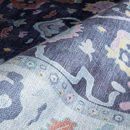 Fame Rugs Navy Blue Modern Oushak Rug 2'6"x7', Washable Vintage Turkish Colorful Oriental Antique Inspired Foldable Small Runner Rugs, Luxury Living Room Bedroom (388NB, 2'6" x 7')