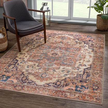 Bloom Rugs Washable 6' x 9' Rug - Beige/Terracotta Traditional Area Rug for Living Room, Bedroom, Dining Room, and Kitchen - Exact Size: 6' x 9'