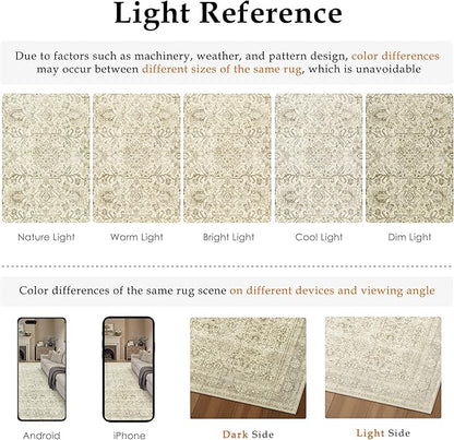 Vintage Area Rug 6x9 Beige Washable Living Room Large Carpet Non Slip Bedroom Indoor Office Low Pile Traditional Distressed Retro Accent Rug for Dining Room Kitchen