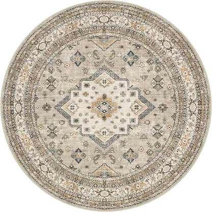 8ft Round Vintage Living Room Area Rug - 8x8 Large Soft Washable Oriental Traditional Distressed Farmhouse Rugs for Bedroom - Indoor Floor Accent Carpet for Home Office House Decor - Beige