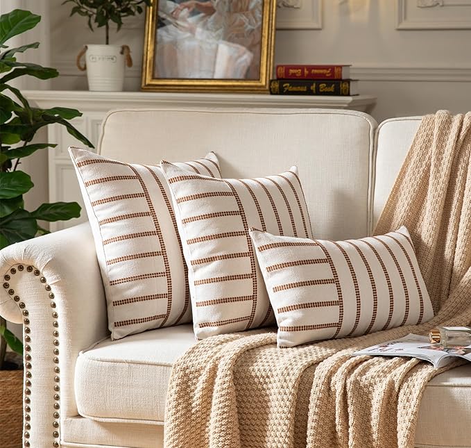 Caflife Boho Throw Pillow Covers 12x20 Set of 2 Soft Farmhouse Decorative Couch Pillow Cases Brown Striped Pillow Covers Neutral Cushion Covers for Sofa Bed Living Room Home Decor