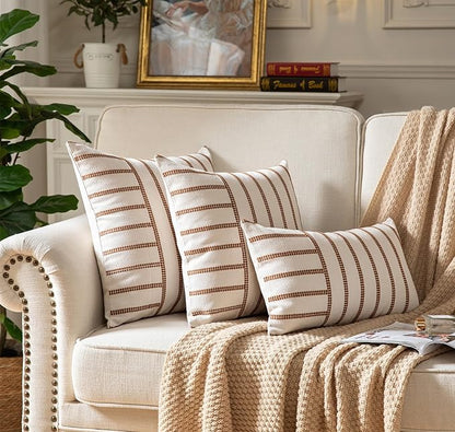 Caflife Boho Throw Pillow Covers 18x18 Set of 2 Soft Farmhouse Decorative Couch Pillow Cases Brown Striped Pillow Covers Neutral Cushion Covers for Sofa Bed Living Room Home Decor