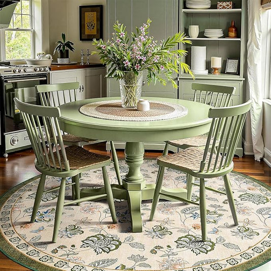 jinchan Elora 7ft Floral Round Rug for Washable Living Room Rug Vintage Romance Christmas Design Non Slip Indoor Floor Cover Lightweight Low-Profile Throw Carpet for Porch Patio, Green/Beige