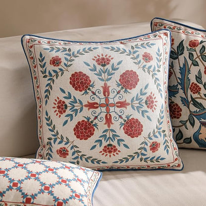 patdrea Designer Throw Pillow Covers,Square Brilliant Vintage Red Tropical Linen with Floral Pattern Pillow Cover,Decorative Pillowcases Cushion for Bed Living Room Outdoor Car,18"x18"