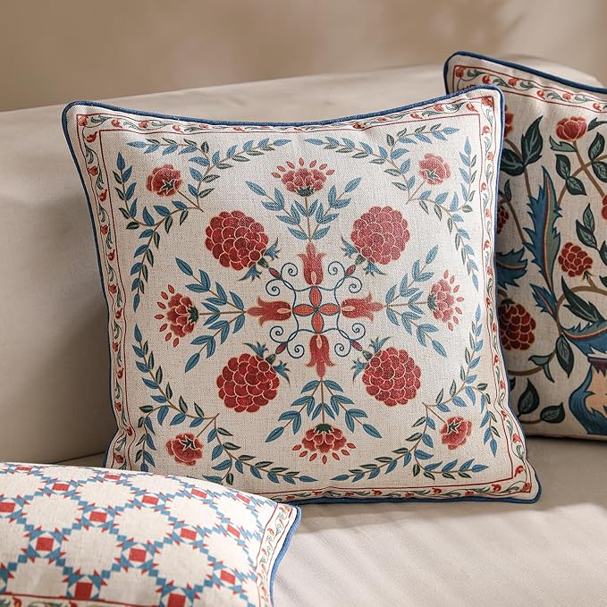 patdrea Designer Throw Pillow Covers,Square Brilliant Vintage Red Tropical Linen with Floral Pattern Pillow Cover,Decorative Pillowcases Cushion for Bed Living Room Outdoor Car,18"x18"