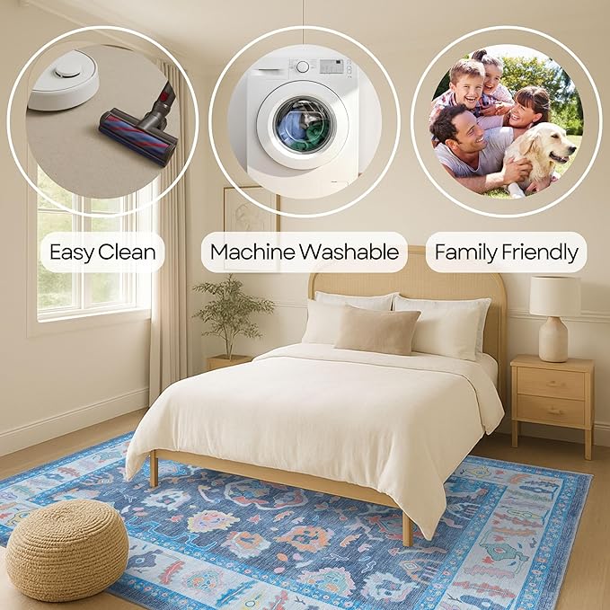 Fame Rugs Blue Modern Oushak Rug 8x10, Vintage Turkish Colorful Oriental Washable Antique Inspired Large Area Rugs, Luxury Living Room Bedroom (387BNB, 7'6 x 10')