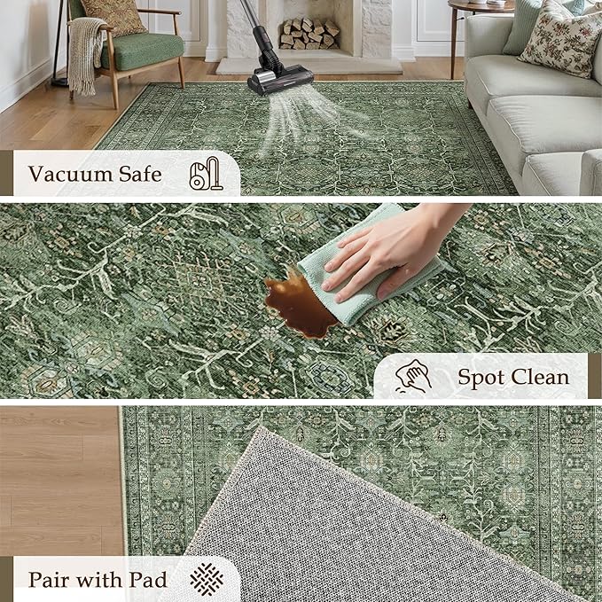 Green Area Rug 3x5 Washable Office Entryway Carpet Soft Vintage Indoor Kitchen Living Room Door Mat Traditional Retro Distressed Thicker Throw Small Rug Bedroom Dining Room Bathroom