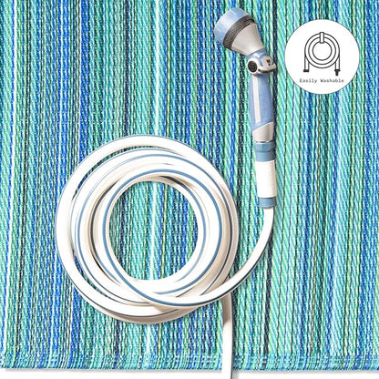Fab Habitat Outdoor Rug - Waterproof, Fade Resistant, Crease-Free - Premium Recycled Plastic - Striped - Patio, Deck, Porch, Balcony, Laundry Room - Cancun - Turquoise & Moss Green - 4 x 6 ft