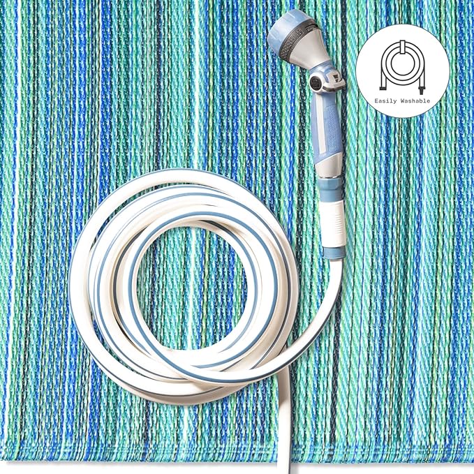 Fab Habitat Striped Outdoor Rug - Waterproof, Fade Resistant, Crease-Free, Reversible - Premium Recycled Plastic - Patio Porch Balcony Deck - Cancun TurquoiseMoss Green - 8x10 ft