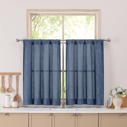 Simplebrand Navy Blue Short Faux Linen Textured Cafe Kitchen Curtains 36 Inch Length 2 Panels, Over Sink Semi Sheer Farmhouse Light Filtering Panels Rod Pocket Drapes for Bathroom Window, 40 x 36 Inch