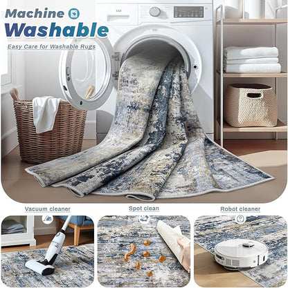 Area Rugs 8x10 for Living Room: Washable Rug Modern Abstract Neutral Soft Non-Slip Low-Pile Indoor Large Carpet for Bedroom Dining Room Playroom Home Office (Blue Grey Brown, 8'x10')