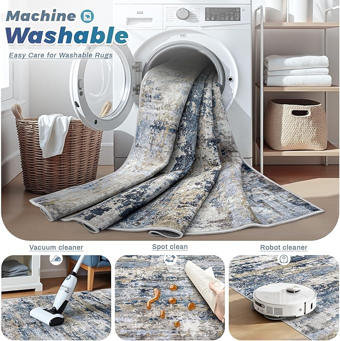 Area Rugs 9x12 for Living Room: Washable Rug Modern Abstract Neutral Soft Non-Slip Low-Pile Indoor Large Carpet for Bedroom Dining Room Playroom Home Office (Blue Grey Brown, 9'x12')