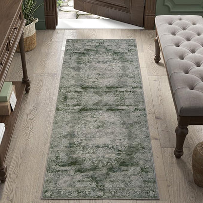 jinchan Green Runner Rug 2x5 - Machine Washable Vintage Floral Distressed Design Non-Slip Low-Pile Soft Thin Christmas Carpet for Hallway Kitchen Farmhouse Bedroom Laundry (2x5ft, Forest Green)