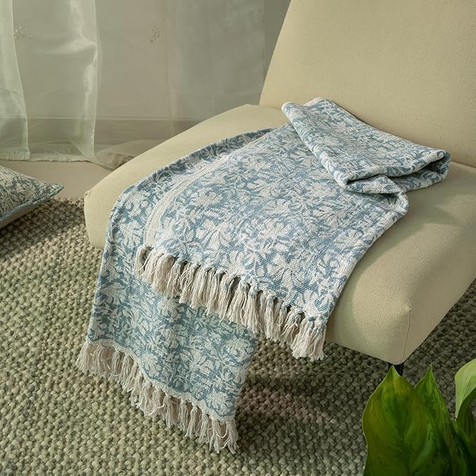100% Pure Cotton Handblock Printed Throw Blanket, Soft 50" x 60" Fringed Floral Print Throw for Couch, Sofa, Chair, Bed - Cozy, Machine Washable, Comfortable Home Decor