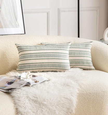 Decorative Boho Lumbar Throw Pillow Covers, Farmhouse Textured Pillow Case, 12 x 20 Inch Set of 2, Chair Sofa Bedroom Living Room Home Decor Couch Cushion Case, Green and Beige