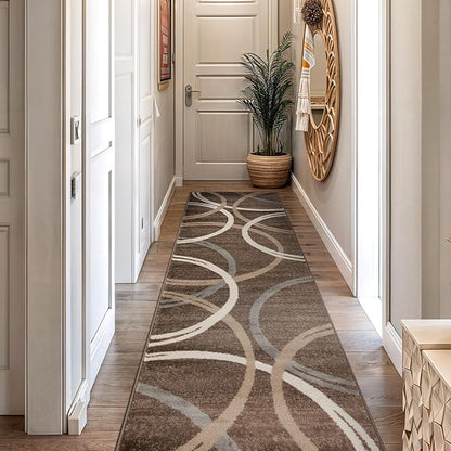 Rugshop Modern Wavy Circles Design Runner Rug, Carpet with Jute Backing for Hallway, Entryway, or Kitchen, Brown, 2'7" x 8'