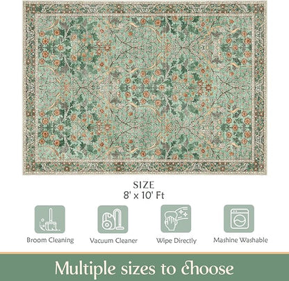 MUJOO Green Washable Rugs 8x10,Floral Area Rug for Living Room Dining Room Bedroom,Large Throw Carpet,Boho Non Slip Indoor Floor Big Soft Botanical Vintage Ultra-Thin