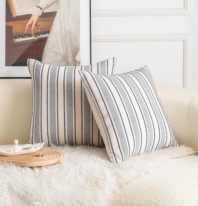Decorative Boho Throw Pillow Covers, Farmhouse Textured Pillow Case, 20 x 20 Inch Set of 2, Chair Sofa Bedroom Living Room Decor Couch Cushion Case, Navy Blue and Beige Striped