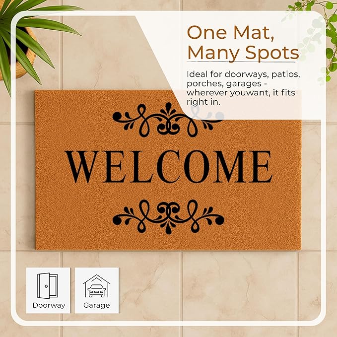 Coir Door Mats 17" X 30", Non-Slip Sturdy, PVC Backed Heavy Duty, Easy to Clean, Ideal for Door Entrance, Patio, Porch, Backyard, Garages, Welcome Floral Border