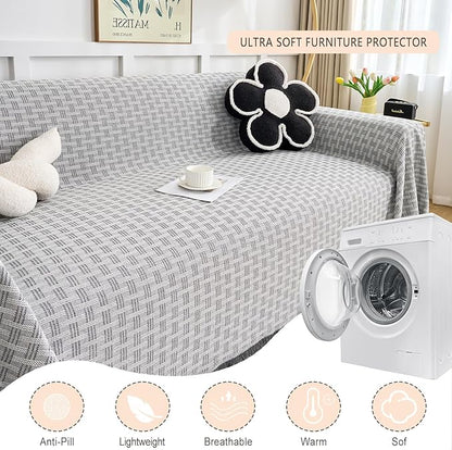 Grey Couch Cover Blanket Cute Geometrical Jacquard Washable Sofa Cover for Extra Large Furniture for 3 Cushion Sofa L Shaped Sectional Couch Blanket 71"x 134"
