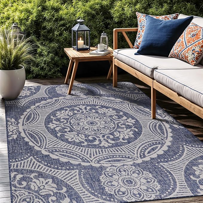 Medallion Outdoor Rug 9x12 Washable Outside Carpet for Indoor Patio Porch Waterproof Easy Cleaning Non Shedding Area Rugs Blue 9 x 12