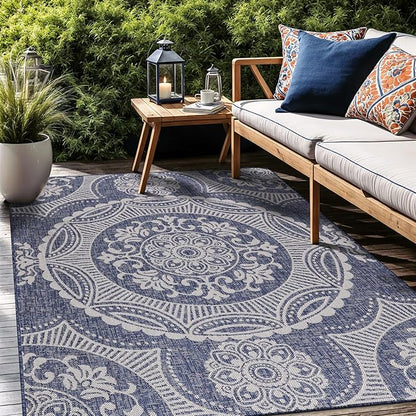 Medallion Outdoor Rug 9x12 Washable Outside Carpet for Indoor Patio Porch Waterproof Easy Cleaning Non Shedding Area Rugs Blue 9 x 12