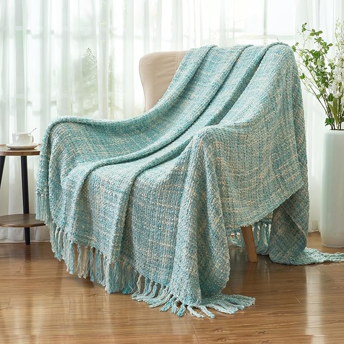Multi-Color Turquoise Cable Knitted Throw Blanket for Couch,60"X80" Boho Style Textured Blankets for Home Decor,Super Soft Warm Cozy Chunky Knit Blanket with Decorative Tassels for Bed