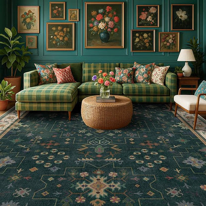 Dark Green Vintage Living Room Rug 9x12 - Boho Unique Floral Victorian Decor, Washable Low Pile Non-Slip Extra Large Area Rugs for Dining Under Table Bedroom