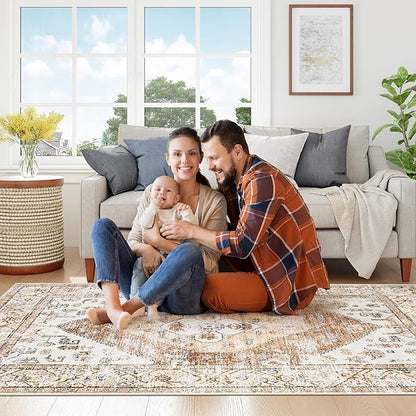 Lahome Rug for Living Room Machine Washable Area Rug 6x9 Boho Non Slip Bedroom Carpet Throw Ultra Thin Carpet for Dining Room, Farmhouse Neutral Print Soft Indoor Mat for Office Home (Taupe, 6'x9')
