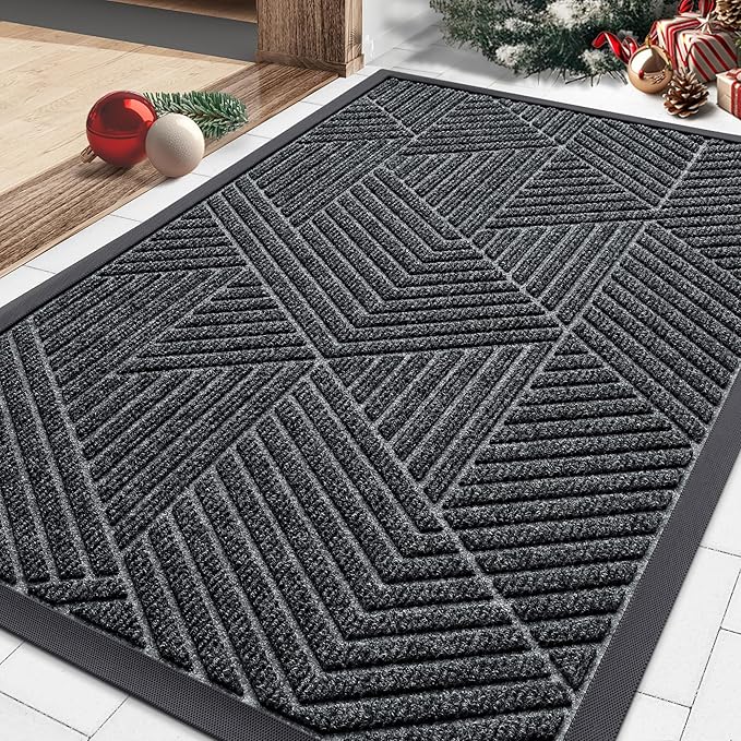 Smiry Front Door Mat Outside Entrance, Heavy Duty Sturdy Natural Rubber Doormat, Trap Dirt and Moisture, Easy Clean Low Profile Mats for Indoor Outdoor Entry, Irregular Triangle (29.5x17, Grey)