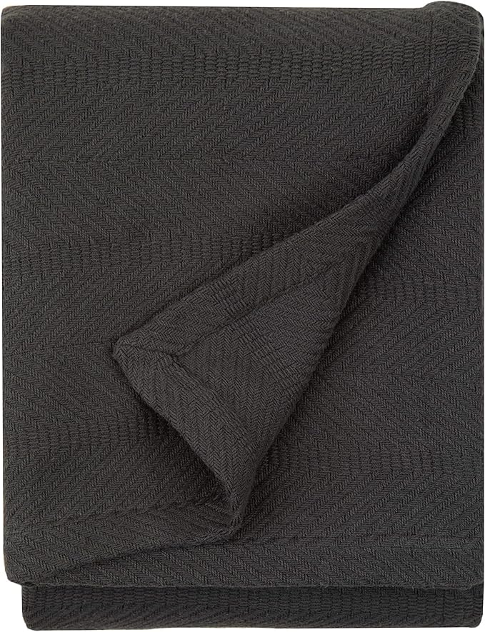 Sticky Toffee Cotton Throw Blanket, 60 x 50 Inch, Dark Gray Herringbone Weave, Soft Lightweight Woven Blanket for Couch, Boho Farmhouse Style