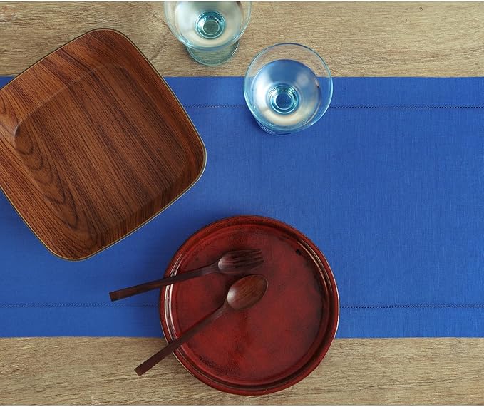 Solino Home Linen Royal Blue Table Runner 60 Inches - Classic Hemstitch, 100% Pure Linen Coffee Table Runner 14 x 60 Inch Ideal for Dresser Tables, Christmas, New Year
