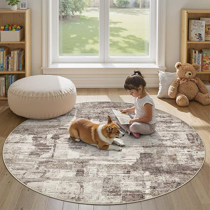 Abstract Living Room Rug 9x9 - Modern Washable Soft Thin Area Rug for Living Room Bedroom Under Dining Table - Neutral Indoor Floor Rug Carpets for Home Office Playroom Nursery - Brown