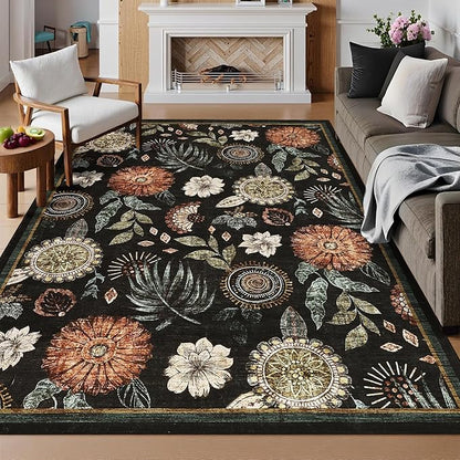 GarveeHome 4x6 Floral Washable Area Rug: Large Living Room Area Rug with Non-Slip Backing Washable Ultra Soft Bedroom Floral Carpet Indoor Stain Resistant Carpet for Dining Room 4 * 6 ft Black