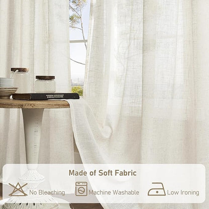 LAMIT Extra Wide Linen Curtains for Bedroom, Natural Cream Ivory Light Filtering Faux Linen Textured Panels Semi Sheer Back Tab and Rod Pocket Boho Drapes for Living Room, 2 Panels, 60 x 84 Inch