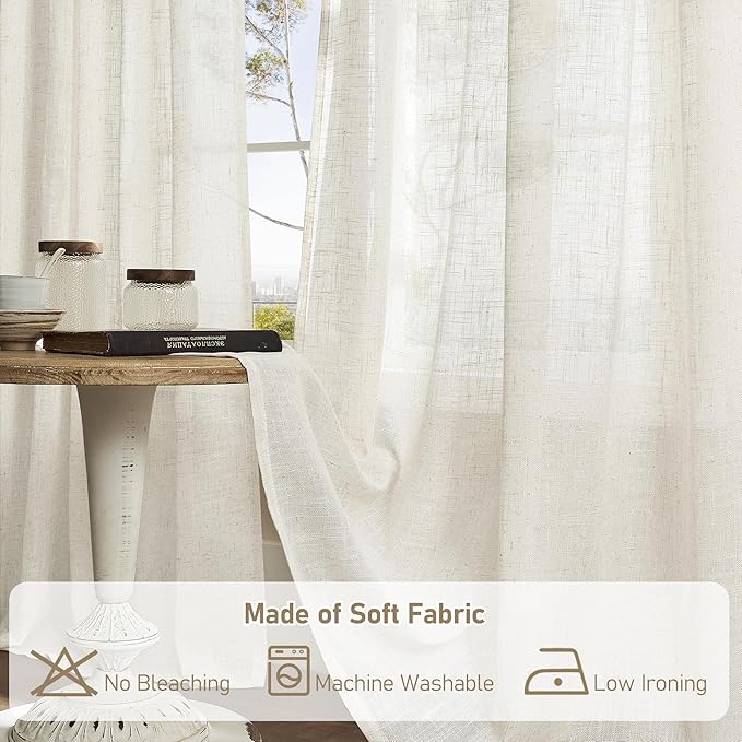 LAMIT Natural Linen Semi Sheer Curtains 48 Inch for Bedroom, Light Filtering Neutral Window Curtains Farmhouse Boho Back Tab and Rod Pocket Panels, Natural Cream Ivory, 2 Panels, 52 x 48 Inch